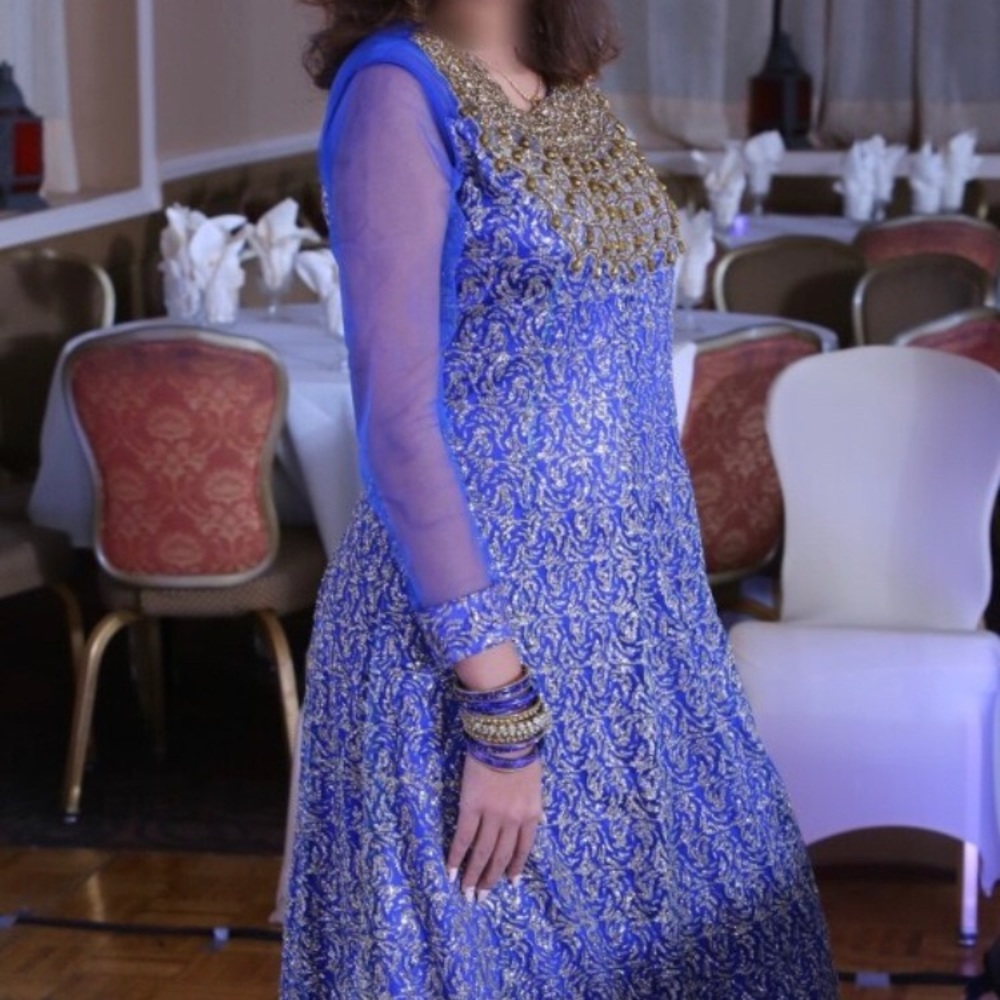 royal blue gold floor touch indian gown lehenga